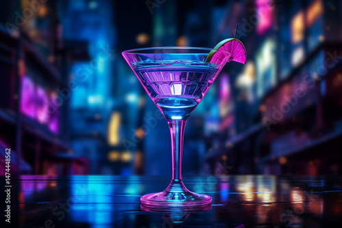 Cyberpunk-Themed Cocktails Under Futuristic Rainy Neon Alley, Sci-Fi Holographic Elements, Dark & Electric Blue Tones. 