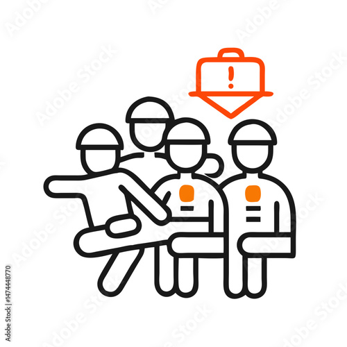 Vector illustration of safety workers demonstrating emergency procedures with warning symbols

