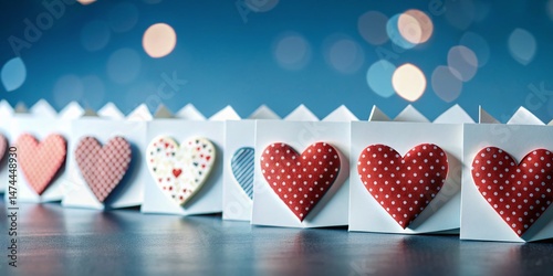 Adorable Valentine's Day Cards Row, Panoramic Light Background Stock Photo