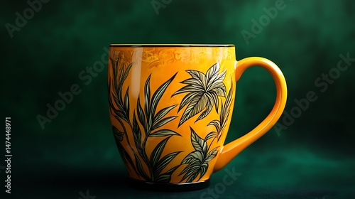 Artistic yellow coffee mug design, deep forest green background
