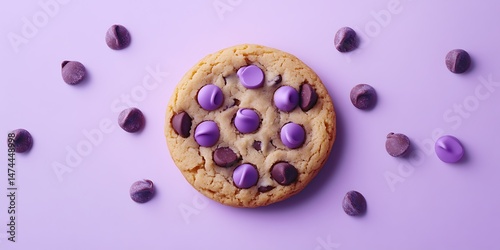 Bold minimal chocolate chip cookie in light purple, clean and simple lines, captured realistically