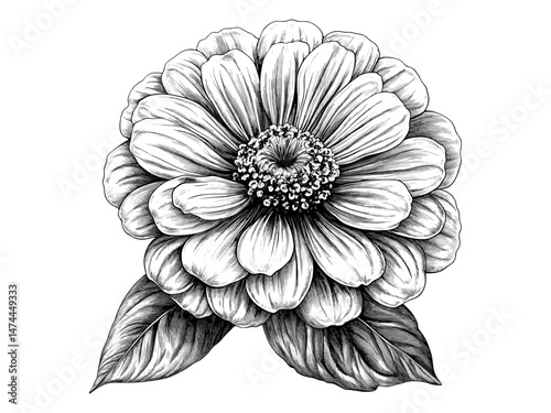 Zinnia flower head vintage engraving, hand-drawn botanical sketch, retro floral decor, antique garden illustration, black floral sketch, trendy engraved bloom, old-style botanical print