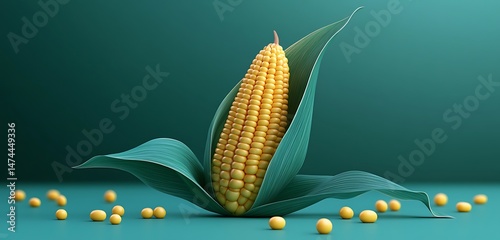 Bright yellow linear corn icon, elegant and minimal on a soft teal backdrop, HD realistic details