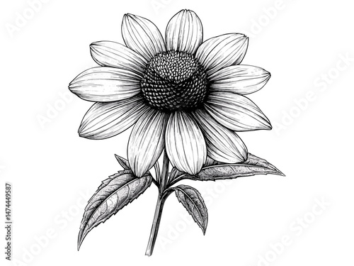 Engraved floral sketch, vintage coneflower bloom, botanical decor, hand-drawn art, antique print, nature sketch, old engraving style, trendy flower, black line art, vintage design