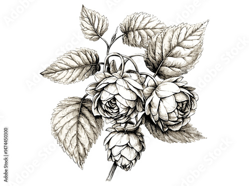Vintage Floral Engraving of Hops Flower, hand-drawn botanical sketch, trendy flower print, retro decor, antique style, nature flora, black ink drawing, rustic wall art,