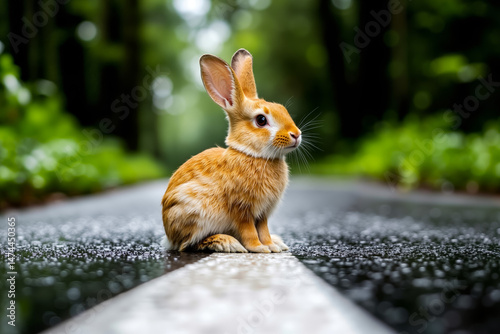 A small brown rabbit sitting on the side of a road