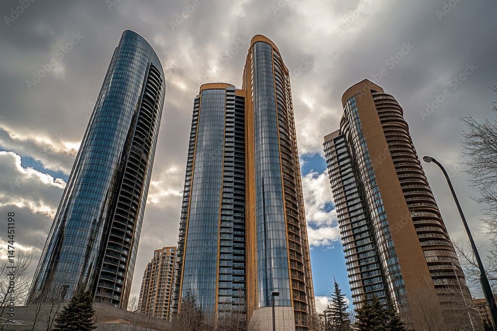Obraz premium Modern Glass Skyscrapers Reaching Upwards Under Cloudy Grey Sky View, Urban
