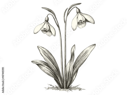 Vintage snowdrop engraving, hand-drawn botanical sketch, antique winter flower illustration, black sketch art, retro nature-themed decor, elegant winter floral design, antique style print