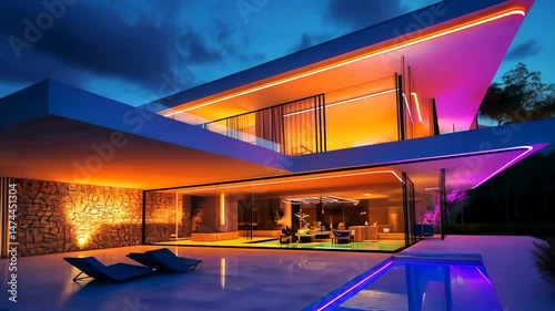 A modern villa at night. neon light with colorful LED lighting.