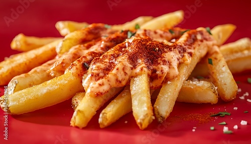 Crunchy finger fries topped with paprika seasoning, red gradient backdrop