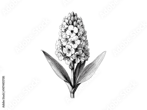 Hand-drawn hyacinth bloom, vintage engraving style, retro floral illustration, flower decor, antique print, black sketch, trendy nature art, floral vintage, nature-inspired art print.