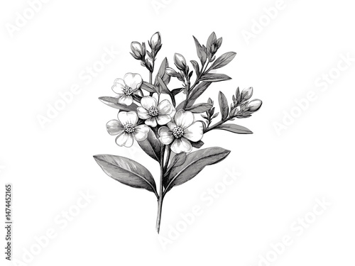 Antique Waxflower Botanical Engraving, vintage black sketch, floral bloom illustration, trendy decor, old engraving style, detailed hand-drawn flower print, vintage botanical illustration