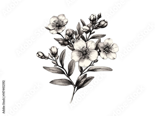 Waxflower hand-drawn illustration, antique botanical sketch, vintage flower print, black engraving style, trendy floral decor, heritage bloom art, aesthetic interior art,