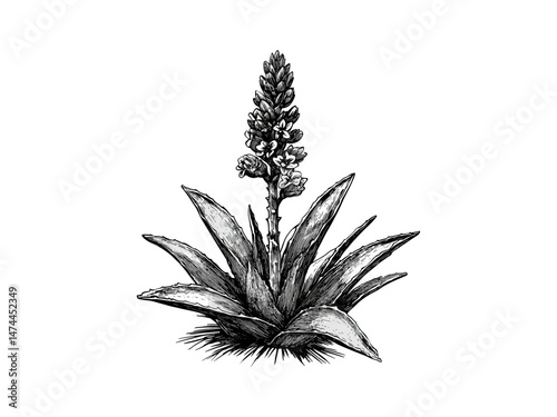 Antique Aloe Vera Engraving, hand-drawn botanical illustration, vintage flora art, aloe flower sketch, old engraving style, black ink decor, trendy nature wall print