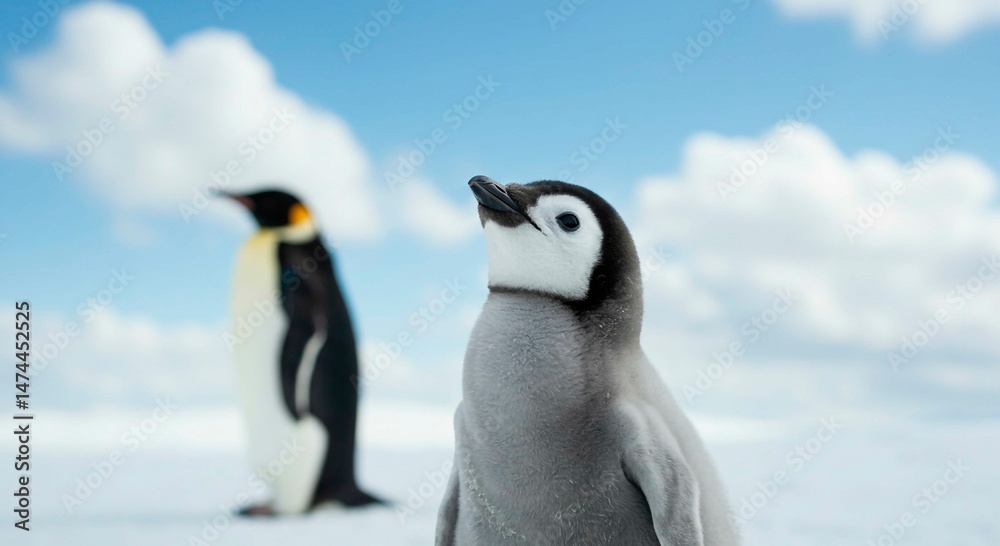 Naklejka premium A young penguin looking up with an adult penguin in the background sky view