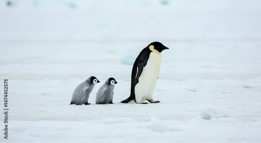 Obraz premium A penguin and two chicks walking on the snow covered ground in antarctica