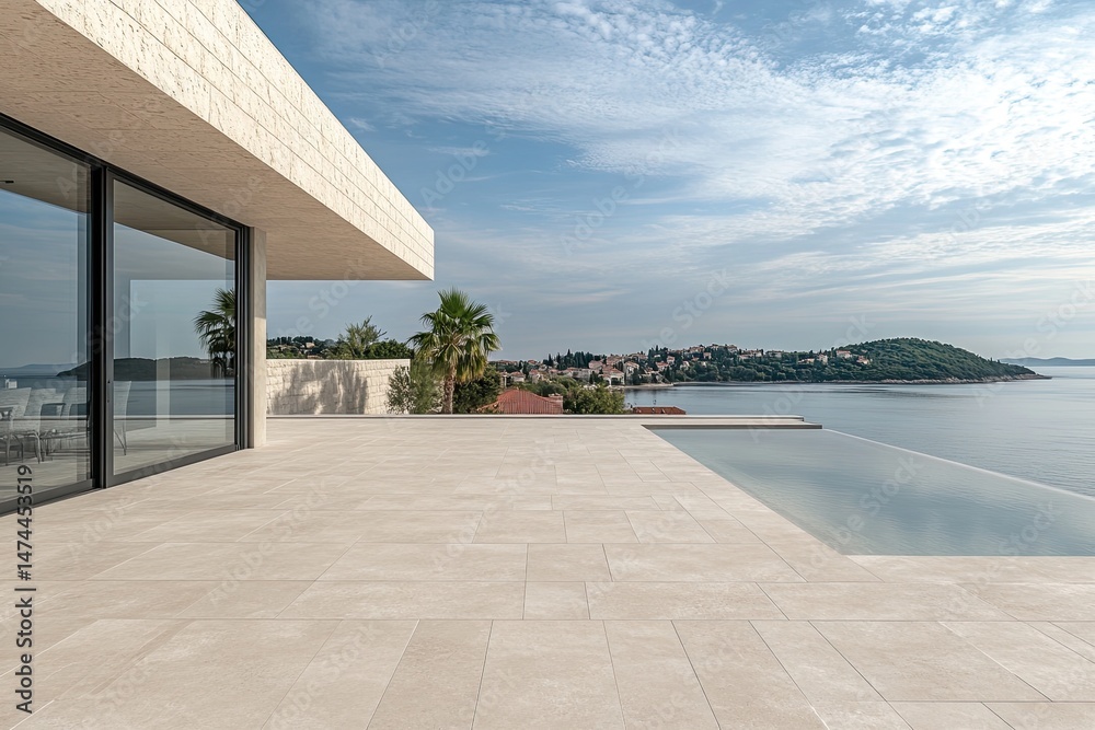 Obraz premium Modern Home Exterior with Infinity Pool, Sea View, Contemporary Design, Sunny Day