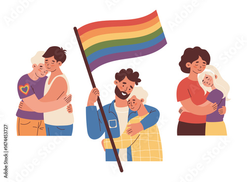 LGBT People set. Happy couple gently hugging and Holding Rainbow Flag. LGBTQ Pride Parade. Supporting diversity and self-expression. Vector Illustration for Pride Month, unity and equal love