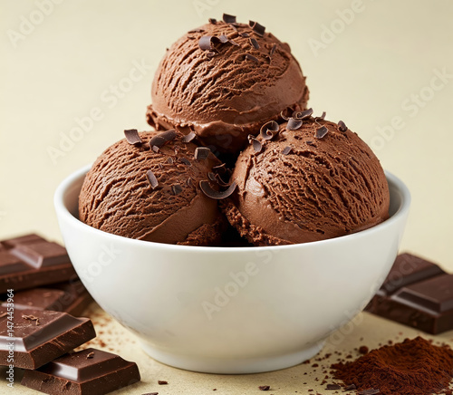 Close-up of a white bowl filled with three scoops of chocolate creamy ice cream, garnished with a chocolate.
