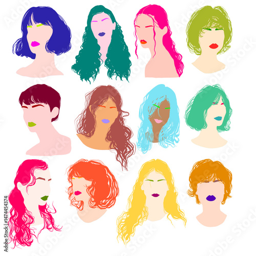 Set of 22 multicolor vector fashion illustration. Flat design style hairstyle drawings. Wavy and curly hair and colorful eyebrows and lips. Beautiful women