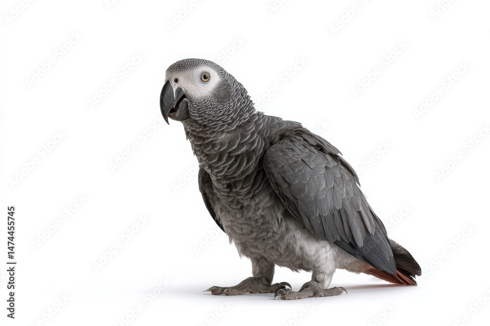 Fototapeta premium A grey parrot stands on a white background.