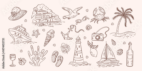 Summer icon. Beach vacation sketch. Doodle Amalfi travel. Italy coast. Vintage seafood drawing. Marine animal. Woman by sea. Spanish cruise. Italian Picnic on yacht. Vector tidy engraving elements set