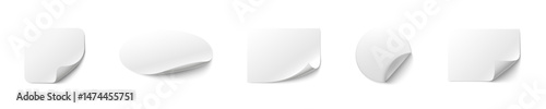 White blank sticker with curl vector illustration set. Curled white sticker mockups
