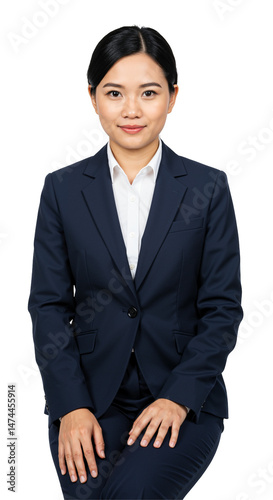 Portrait of a young professional Asian businesswoman in a navy blue suit, sitting and looking confidently at the camera against a plain transparent background. photo