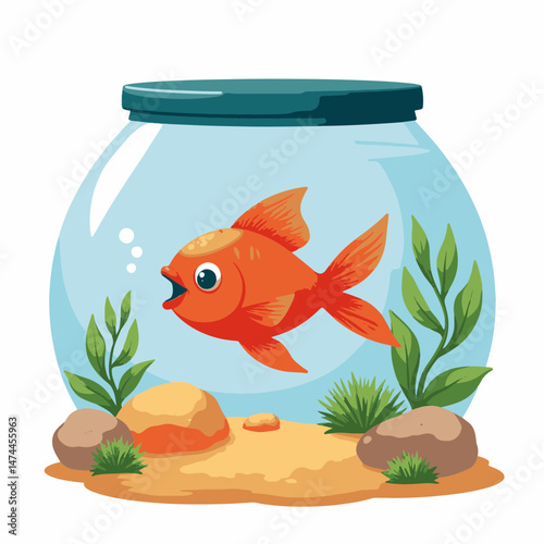 Goldfish Swimming in a Colorful Aquarium with Plants and Stones for Home Decor, Pet Care Websites, Educational Materials, and Children's Illustrations