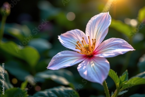 a magical flower whose petals shimmer like precious jewels, glowing softly in the forest.