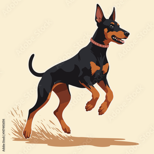 Doberman Pinscher Jumping in Playful Pose on Neutral Background for Pet Blogs, Animal Training Websites, Dog Enthusiast Content, and Social Media Engagement