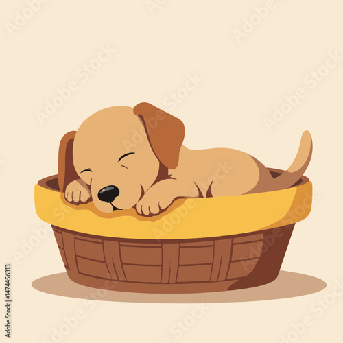 Sleeping Labrador Puppy in Basket on Neutral Background for Pet Blogs, Animal Care Websites, Animal Illustrations, and Educational Content