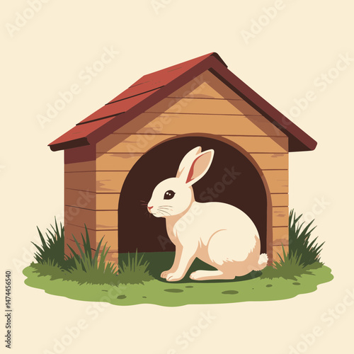 Rabbit Sitting Outside Wooden Hutch on Green Grass for Pet Care Websites, Animal Awareness Campaigns, Education, and Illustrative Content