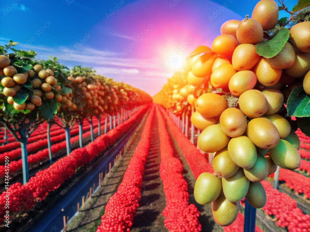 Fototapeta premium Aerial View of Golden Kiwifruit Orchard, Lush Green Vines, Sunny Day