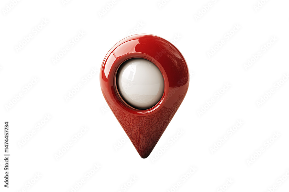 A glossy red 3D location pin with a central white sphere, symbolizing map navigation, isolated on a transparent background