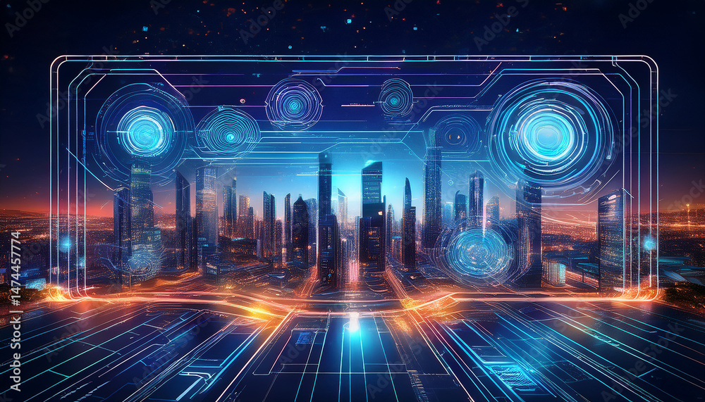 Obraz premium innovative technology concepts with digital interface and night cityscape