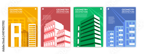 Abstract minimal architecture. Building geometry. Business design for city. Banner background. Construction space in geometric template. Urban landscape. Brochure or flyer. Vector garish poster set