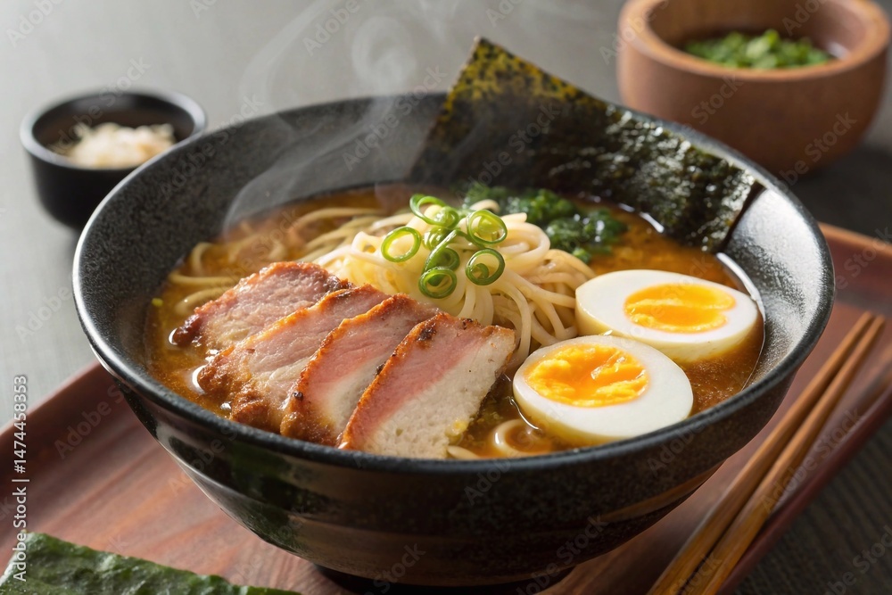 A mouthwatering bowl of ramen with rich broth, noodles, slices of bok choy, pickled egg, and nori. A mouthwatering bowl of ramen with rich broth, noodles, slices of bok choy, pickled egg, and nori.