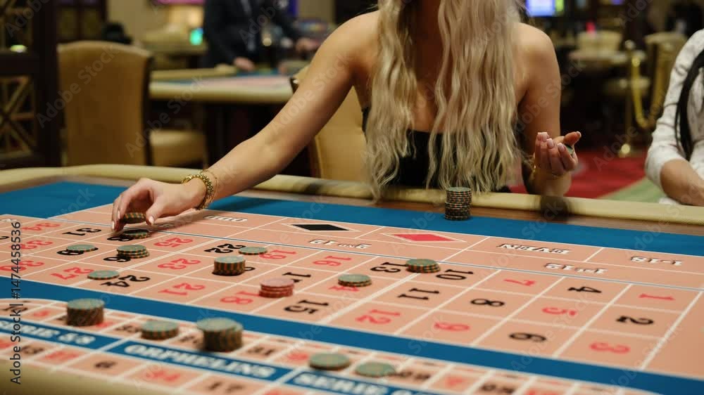 Casino Roulette Table with Dealer Arranging Bets and Chips in Action Casino Roulette Table with Dealer Arranging Bets and Chips in Action