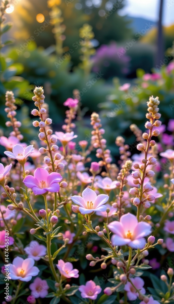 Obraz premium a magical garden of glowing herbs, each with soft, radiant flowers in dreamy pastels.