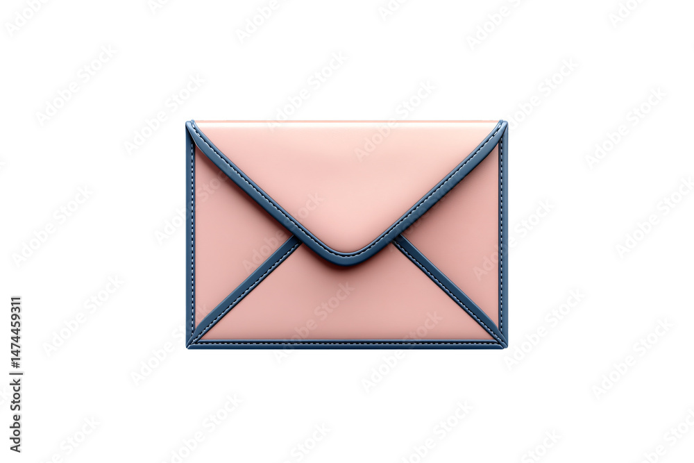 Pink and blue leather envelope pouch with diagonal accent trim and stitched geometric patterns, isolated on a transparent background