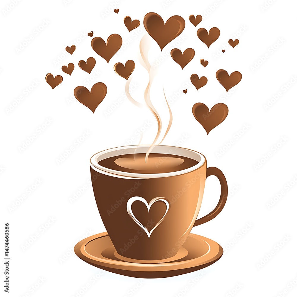 Obraz premium A steaming cup of coffee, surrounded by hearts