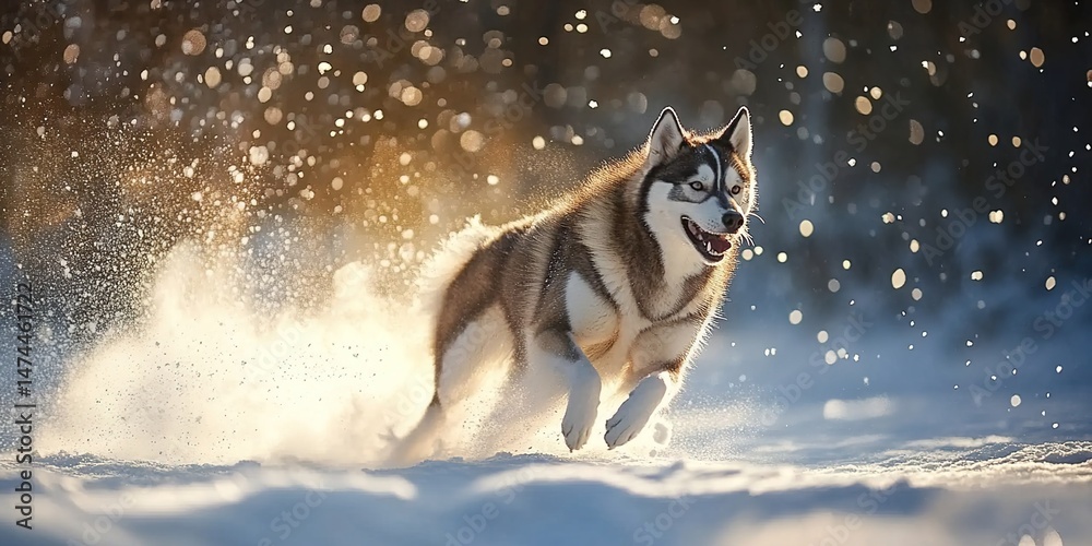 Naklejka premium A Husky running joyfully in snowy field with falling snowflakes and sunlight.