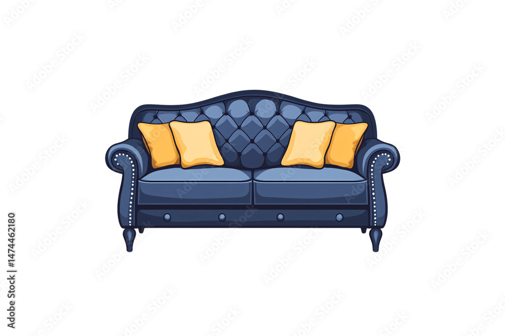 Stylish blue chesterfield sofa with button-tufted back, vibrant yellow cushions, and sleek, curved arms, isolated on a transparent background