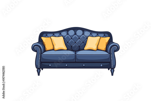 Obraz na płótnie Stylish blue chesterfield sofa with button-tufted back, vibrant yellow cushions, and sleek, curved arms, isolated on a transparent background w salonie