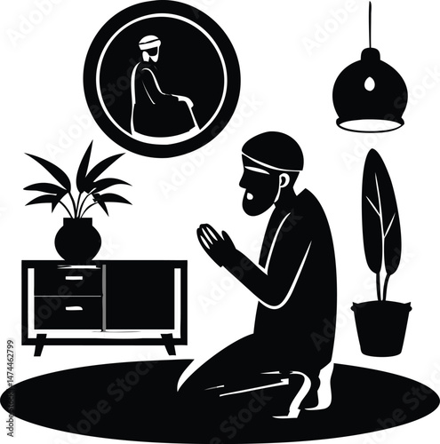 Muslim Man Praying at Home in Minimalist Black and White Illustration