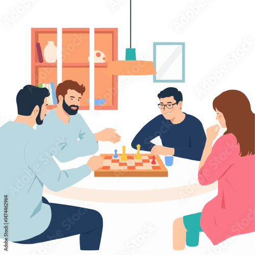 Four friends casually playing chess game around table.