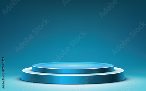 Realistic 3D vector graphic of a blue two-tiered cylindrical pedestal or podium. Object on blue background perfect for product display, presentation, awards, or mockup projects.