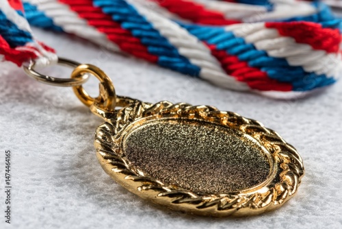 Gold medal with red and blue ribbon resting on a surface, symbolizing achievement and success in sports or competition photo