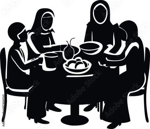Silhouette of Muslim Women Sharing a Meal Together at a Table